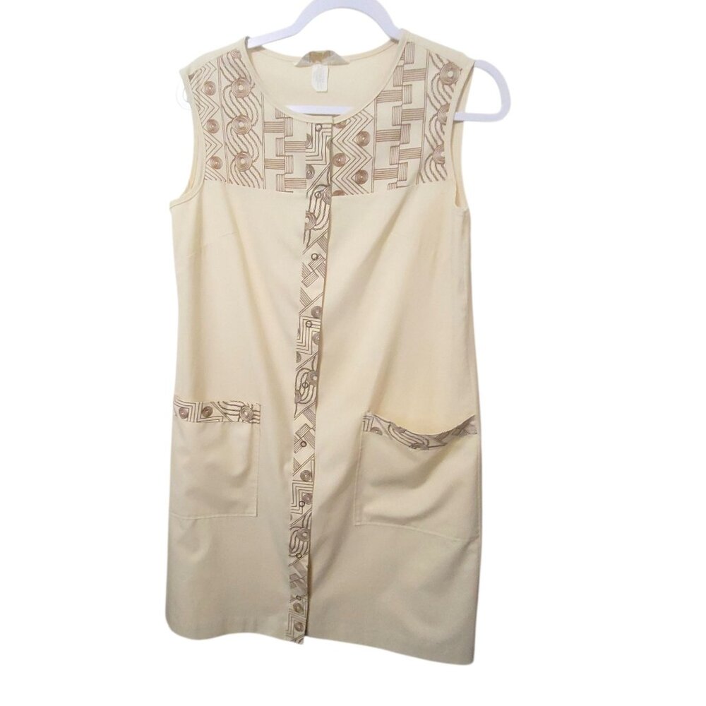 Vtg 70s Komar Snap House Coat Small Sleeveless Tan Brown Geometric Pattern Chore